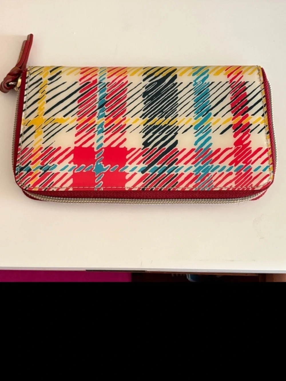 Dooney & Bourke Red, Blue, Black, Yellow, White Plaid Zip Wallet